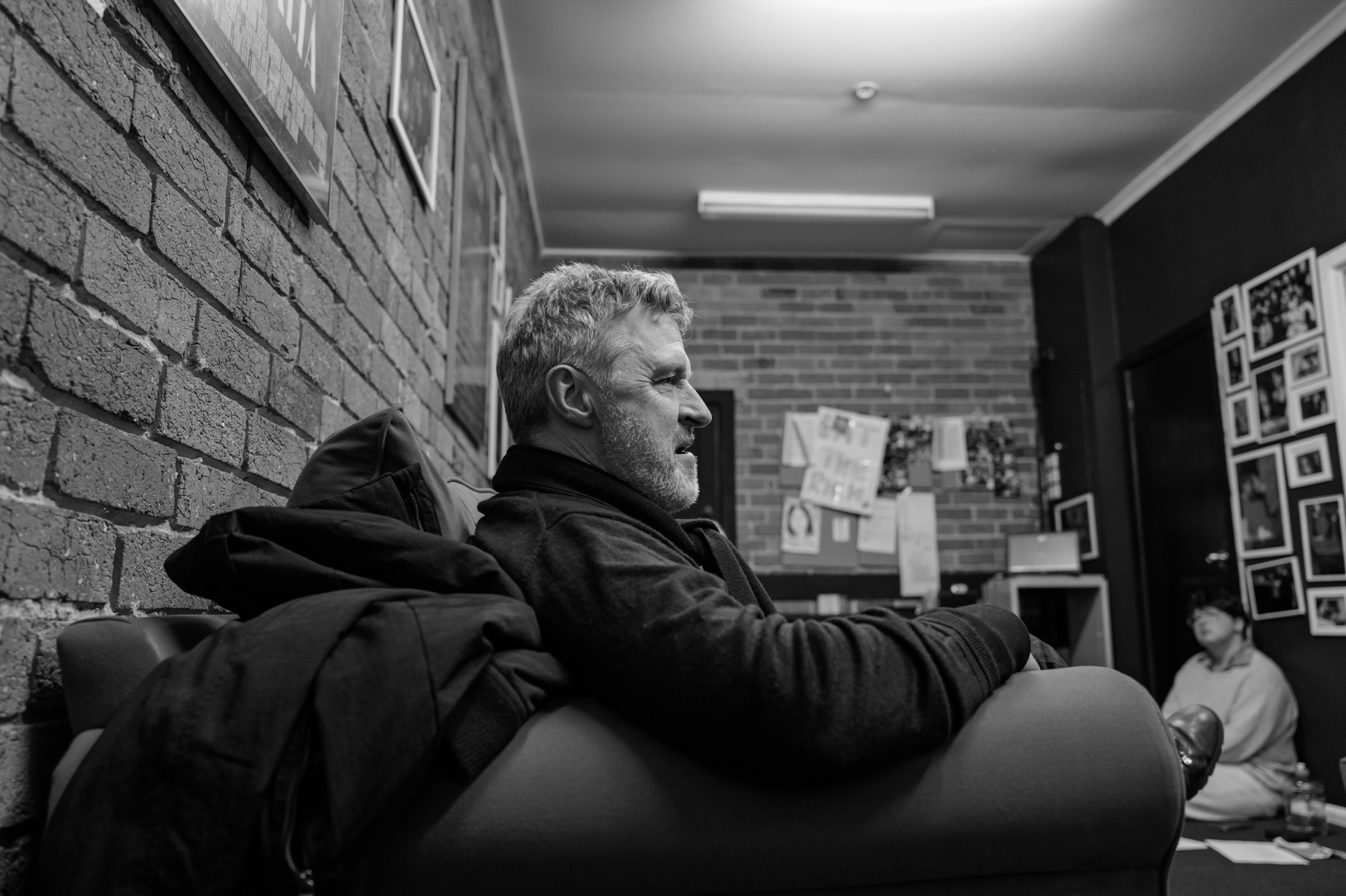 Hamlet rehearsal photograph in a backstage room